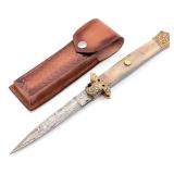 13in Engraved Horn Damascus Switchblade Knife w/ S