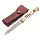 13in Engraved Stag Damascus Switchblade Knife w/ S