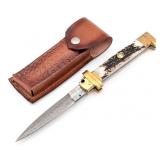11in Rain Drop Damascus Stag Handle Switchblade Kn