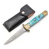 11in Rain Drop Damascus Abalone Switchblade Knife