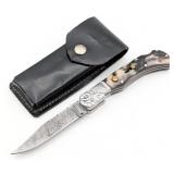 Damascus Horn Handle Rams Head Switchblade w/ Shea