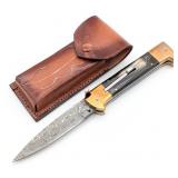 9in Rain Drop Damascus Horn Handle Switchblade w/