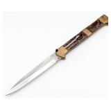 13in Engraved Marbled Brown Switchblade Knife