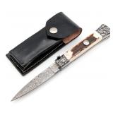 9in Engraved Stag Damascus Switchblade Knife w/ Sh