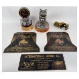 Lot of Mack Truck Hood Ornaments and Brass Tags