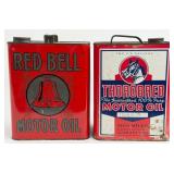 2) Vintage Two Gallon Motor Oil Cans / Red Bell &