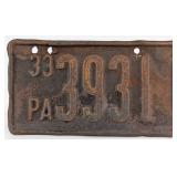 Original 1933 Pennsylvania Motorcycle License Plat