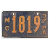 Original 1937 Pennsylvania Motorcycle License Plat