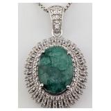 Sterling 8.50 ctw Emerald & White Sapphire Pendant