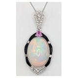 14K Gold Opal Sapphire & Diamond Pendant Necklace