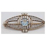 14K Good Vintage Aquamarine & Pearl Brooch