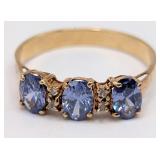 10K Gold 3-Stone Tanzanite & Diamond Ring