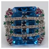 18K Gold Blue Topaz & Diamond Statement Ring