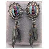 Vintage Sterling Quac Zuni Signed Inlaid Dangle Ea