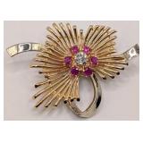 14K Gold Diamond & Ruby Burst Brooch