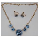 14K Gold Blue Rhinestone Necklace & Earrings Set
