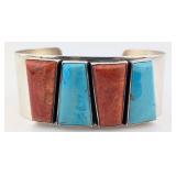 Sterling DTR Designer Coral & Turquoise Cuff Brace