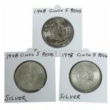 (3) 1948 Estados Unidos Mexico Five Peso 90% Silve