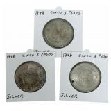 (3) 1948 Estados Unidos Mexico Five Peso 90% Silve