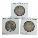 (3) 1947 Estados Unidos Mexico Five Peso 90% Silve