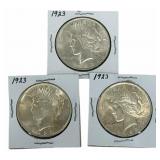 (3) 1923 United States Peace Silver Dollars