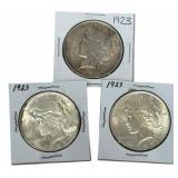 (3) 1923 United States Peace Silver Dollars