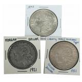 (3) 1921 United States Morgan Silver Dollars