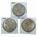 (3) 1922 United States Peace Silver Dollars