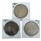 (3) 1921-S United States Morgan Silver Dollars