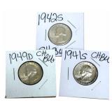 1941-S, 1942-S & 1949-D BU Washington Silver Quart