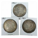 (3) 1921 United States Morgan Silver Dollars