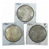 (3) 1921 United States Morgan Silver Dollars