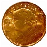 1935-B Swiss 20 Franc 90% Fine Gold Coin