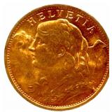 1935-B Swiss 20 Franc 90% Fine Gold Coin