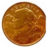 1935-B Swiss 20 Franc 90% Fine Gold Coin