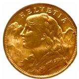 1935-B Swiss 20 Franc 90% Fine Gold Coin