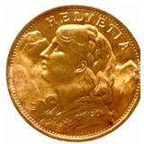 1935-B Swiss 20 Franc 90% Fine Gold Coin