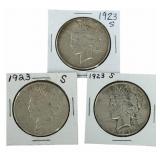 (3) 1923-S United States Peace Silver Dollars