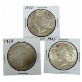 (3) 1923 United States Peace Silver Dollars