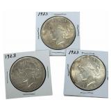 (3) 1923 United States Peace Silver Dollars