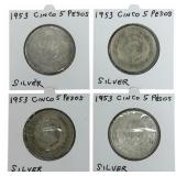 (4) 1953 Estados Unidos Mexico Five Peso 72% Silve