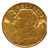 1911-B Swiss 20 Franc 90% Fine Gold Coin