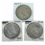 (3) 1922-D United States Peace Silver Dollars