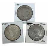 (3) 1922 United States Peace Silver Dollars