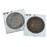 (2) 1878-S United States Morgan Silver Dollars