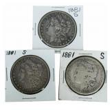 (3) 1881-S United States Morgan Silver Dollars
