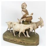 Antique Royal Dux Bohemia Girl With Three Goats Po