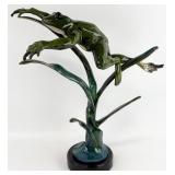 Enameled Green Bronze Leaping Frog Sculpture