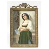 Framed Antique Girl Holding Sprig Hand-Painted Ger