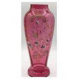 Victorian Cranberry Glass Enameled Bird & Flower V